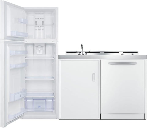 Summit 71" All-in-One Kitchenette with Refrigerator-Freezer, Smooth Glass 2 Burner Cooktop, Dishwasher, Sink, White- ACKDW721G