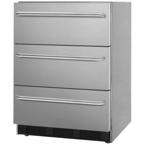 Three-drawer commercial outdoor all-refrigerator in ADA compliant height, fully stainless steel with automatic defrost and towel bar handles