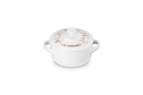 Le Creuset Stoneware Holly Collection Mini Round Cocotte, 8 oz., White with Gold Applique