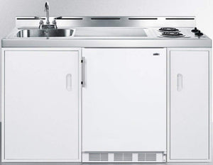Summit 60" Wide All-in-One Kitchenette, 2-Door Refrigerator-Freezer, 2-Burner Coil Cooktop, Sink, Storage, White- C60EL