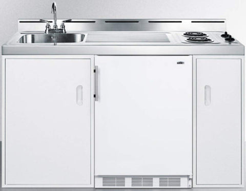 Summit 60" Wide All-in-One Kitchenette, 2-Door Refrigerator-Freezer, 2-Burner Coil Cooktop, Sink, Storage, White- C60EL