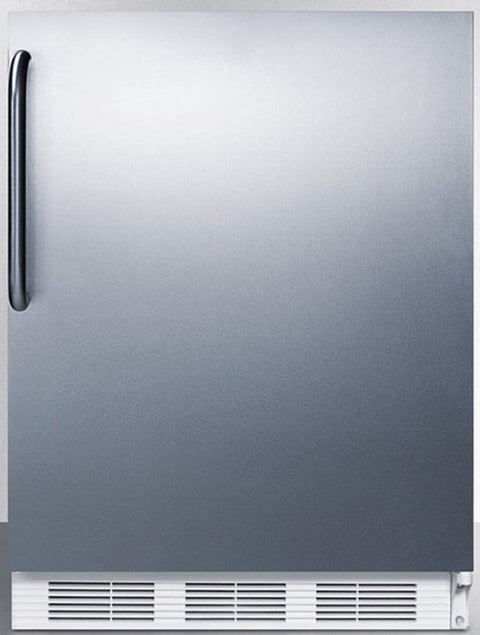 Built-in undercounter all-refrigerator for residential use, auto defrost with a stainless steel wrapped door, towel bar handle, and white cabinet