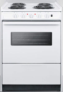 Summit WEM610RW 24"" Slide-In Electric Range with 4 Elements Waist High Broil Oven Racks Chrome Drip Pans Indicator Lights and Push-To-Turn Burner Knobs in White