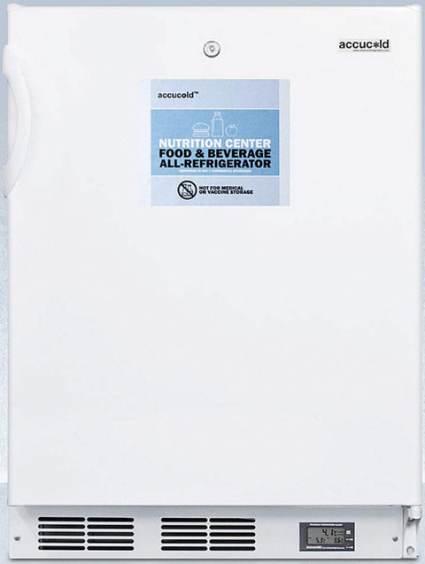 Commercially approved ADA compliant Nutrition Center series all-refrigerator in white for built-in or freestanding use, with front lock and digital temperature display
