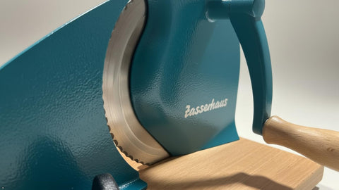 Zassenhaus Original Classic Adjustable Bread Slicer for Uniform Slices - Bread Slicer for Homemade Bread - 18/8 Stainless Steel Blade Sourdough Cutter-Water Blue 11.75" x 8"