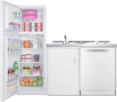 Summit 71" All-in-One Kitchenette with Refrigerator-Freezer, Smooth Glass 2 Burner Cooktop, Dishwasher, Sink, White- ACKDW721G