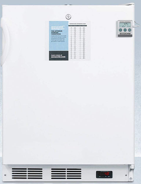 24 inches wide freestanding ADA height all-refrigerator in white, auto defrost with a lock, NIST calibrated thermometer, digital thermostat, door storage, and internal fan