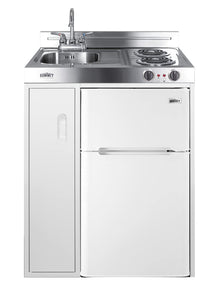 Summit 30" Wide All-In-One Kitchenette, 2-Door Refrigerator-Freezer, 2-Burner Smoothtop Cooktop, Sink, and Storage, White- C30ELGLASS