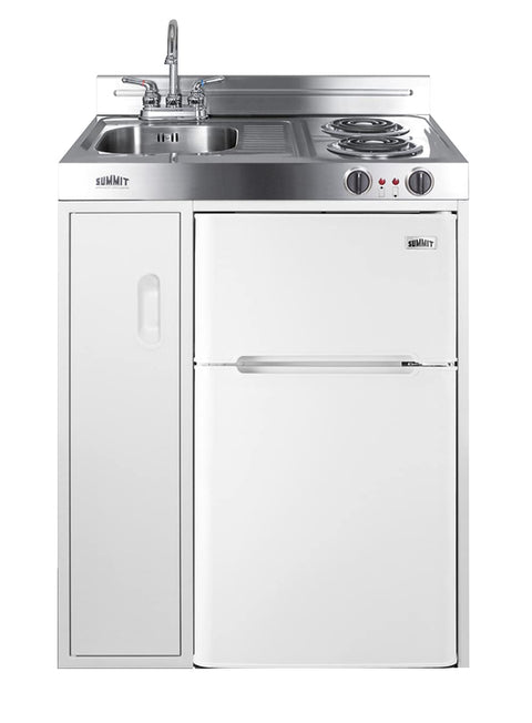 Summit 30" Wide All-In-One Kitchenette, 2-Door Refrigerator-Freezer, 2-Burner Smoothtop Cooktop, Sink, and Storage, White- C30ELGLASS