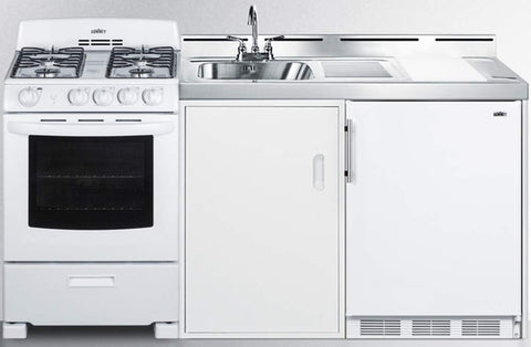 Summit 72" All-in-One Kitchenette with Gas Range, Refrigerator-Freezer, Sink, White- ACK72GASW