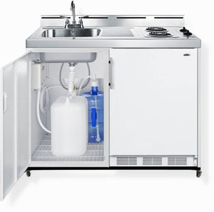 Summit 48" Mobile All-In-One Kitchenette, Refrigerator-Freezer, 2-Burner Coil Cooktop, Water Jug Sink, and Storage, White- C48ELPUMPMB