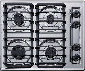 Summit 24" 4-Burner Gas Cooktop, Sealed Burners, Electric Ignition, 115V Gas Cooktop, Cast Iron Grates Included, Made in the USA, Stainless Steel Look - ZTL033S