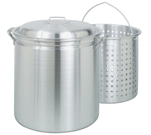 Bayou Classic 4034 34-qt Aluminum Stockpot w/Basket Features Domed Vented Lid Heavy Riveted Handles Perforated Aluminum Basket Perfect For Boiling Steaming and Canning Handcrafted Desig