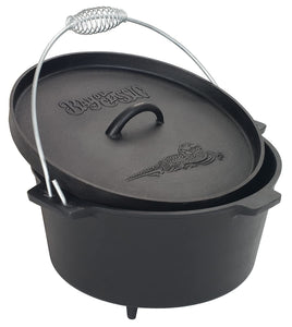 Bayou Classic Pre-Seasoned Cast Iron Dutch Oven w/ Feet Features Flanged Camp Lid Stainless Coil Wire Handle Grip, 8-qt Perfect For Baking Frying One-Pot Meals Stews and Chili