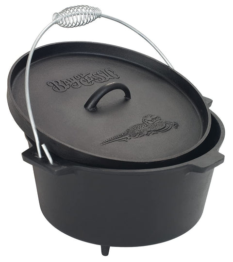 Bayou Classic Pre-Seasoned Cast Iron Dutch Oven w/ Feet Features Flanged Camp Lid Stainless Coil Wire Handle Grip, 8-qt Perfect For Baking Frying One-Pot Meals Stews and Chili