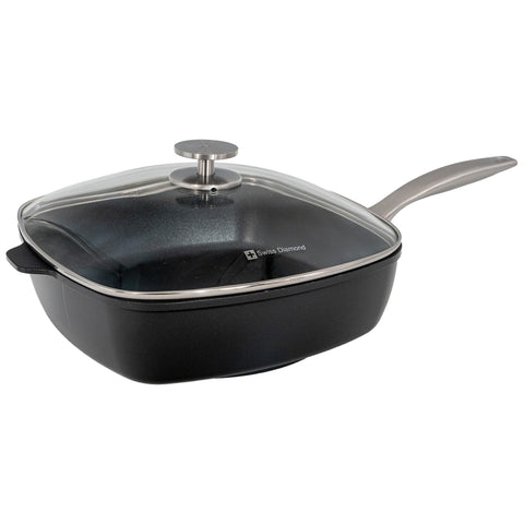 Swiss Diamond Nonstick Hybrid Ceramic and Diamond-Infused Square Saute Pan With Glass Lid, Dou Ceramic, Dishwasher & Oven Safe Up To 500 °F, 11 x 11-Inches