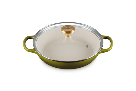 Le Creuset Enameled Cast Iron Signature Round Braiser with Glass Lid, 2.25 qt., Olive with Gold Knob