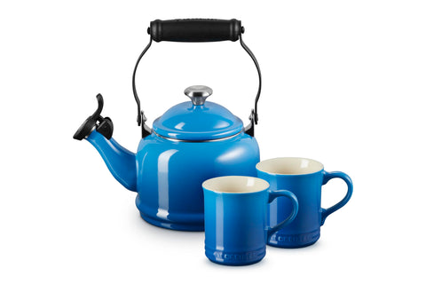 Le Creuset Enamel On Steel Demi Kettle with Metal Finishes & Stoneware Set of 2 Mugs, 1.25 qt. Kettle & (2) 14 oz. Mugs, Marseille