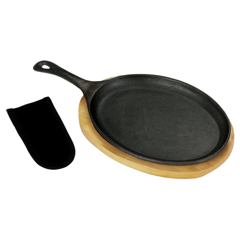 Bayou Classic Pre-Seasoned Cast Iron Fajita Pan w/Wooden Trivet Perfect For Oven-To-Table Presentation Of Sizzling Skirt Steak Chicken And Veggie Fajitas