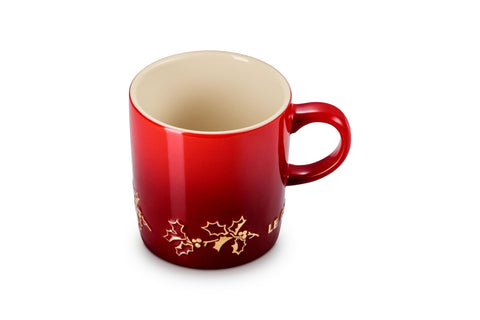 Le Creuset Stoneware Holly Collection London Mug, 12 Oz., Cerise with Gold Applique