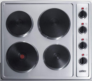 Summit 24" Electric Cooktop, 4 Burners, 230V Solid Disk Cooktop, Stainless Steel and Black- CSD4B24