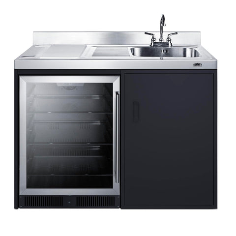 Summit 48" Bar with Sink, Beverage Center, Capacity 5.0 cu.ft., Kitchenette with Sink, Stainless Steel and Black- CK48NCSINKR