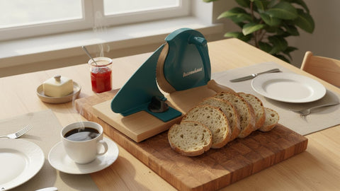 Zassenhaus Original Classic Adjustable Bread Slicer for Uniform Slices - Bread Slicer for Homemade Bread - 18/8 Stainless Steel Blade Sourdough Cutter-Water Blue 11.75" x 8"