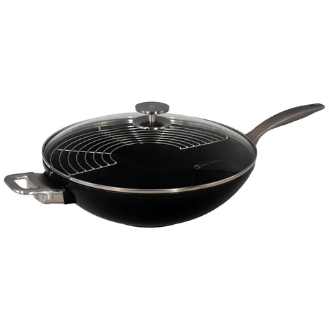 Swiss Diamond Nonstick Hybrid Ceramic and Diamond-Infused Wok With Glass Lid & Tempura Rack, Dou Ceramic, Dishwasher & Oven Safe Up To 500 °F, 12.5-Inches
