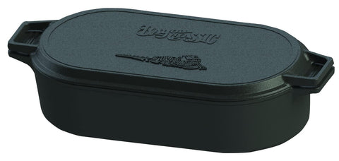 Bayou Classic 7477 6-qt Cast Iron Oval Fryer w/ Griddle Lid Perfect For Large Batch Frying Cooking Whole Chickens Pot Roasts & Reverse Griddle Lid Perfect For Large Batch Breakfast Burgers