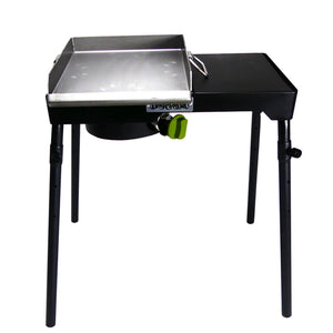 Bayou Classic Single Patio Camp Stove w/Side Shelf Features 6-in Cast Aluminum Burner 27-in Tall Cooker 13.5-in x 13.5-in Square Removable Griddle Perfect For Backyard Chefs Tailgates