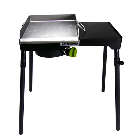 Bayou Classic Single Patio Camp Stove w/Side Shelf Features 6-in Cast Aluminum Burner 27-in Tall Cooker 13.5-in x 13.5-in Square Removable Griddle Perfect For Backyard Chefs Tailgates