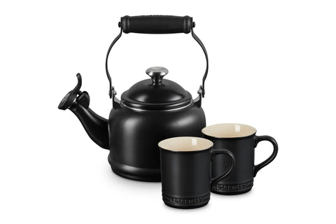 Le Creuset Enamel On Steel Demi Kettle with Metal Finishes & Stoneware Set of 2 Mugs, 1.25 qt. Kettle & (2) 14 oz. Mugs, Licorice