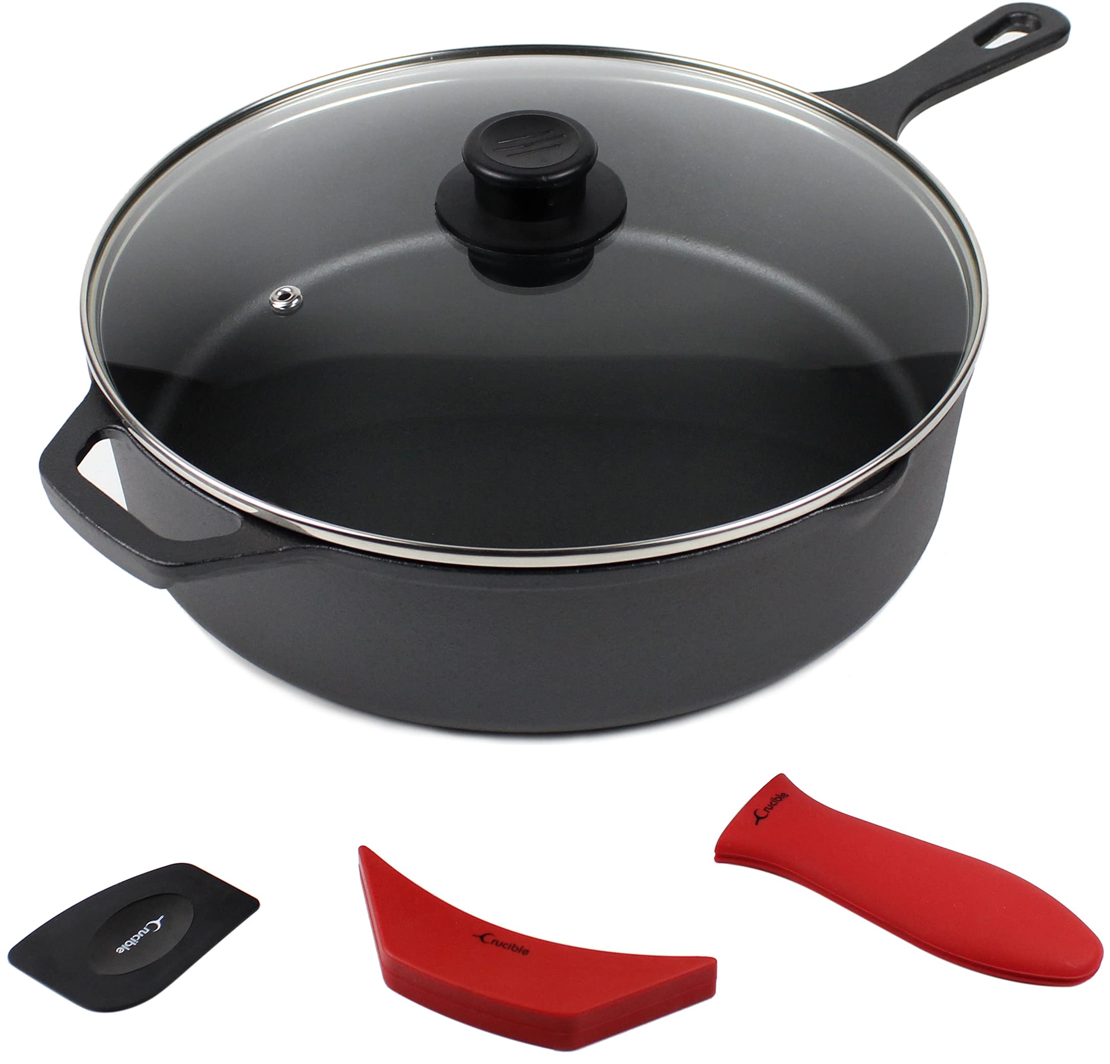 Crucible Cookware 12-Inch Cast Iron Skillet Set (Pre-Seasoned - EXTRA DEEP Sauté Pan), Including Large & Assist Silicone Hot Handle Holders, Glass Lid, Scraper | Indoor & Outdoor Use