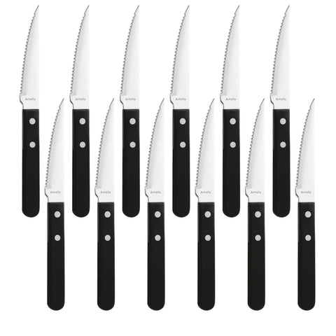 Amefa High Carbon Stainless Steel Serrated Edge Steak Knife with Black Plastic Handle, 8 5/16", Set of 12