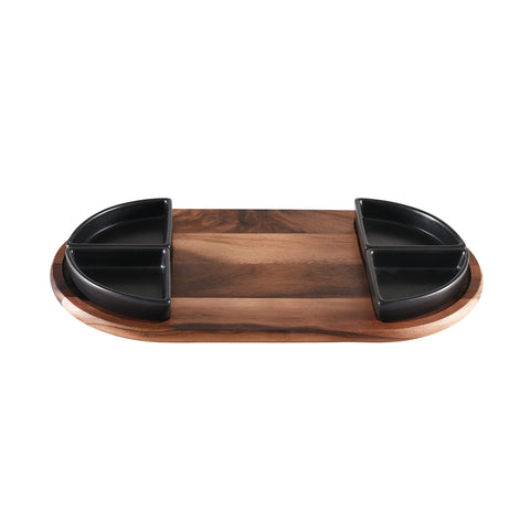 Charcuterie/ Serving Tray w/ 4 black triangular ceramic bowls