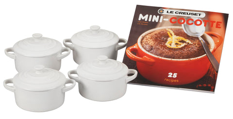 Le Creuset Stoneware Set of 4 Mini Cocottes with Cookbook, 8 oz. each, White