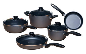 Swiss Diamond Pots and Pans Set Non Stick, Nonstick Cookware Set, Diamond Enforced Aluminum Non Stick Pots and Pan Set with Stainless Steel Handles, Dishwasher and Oven Safe, 9 Pieces, Grey