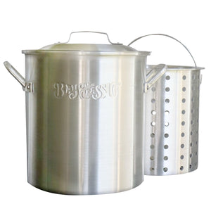 Bayou Classic 4325 25-qt Aluminum Shrimp Pot Features Perforated Aluminum Basket Domed Vented Lid Heavy Riveted Handles Perfect For a Classic Shrimp Boil