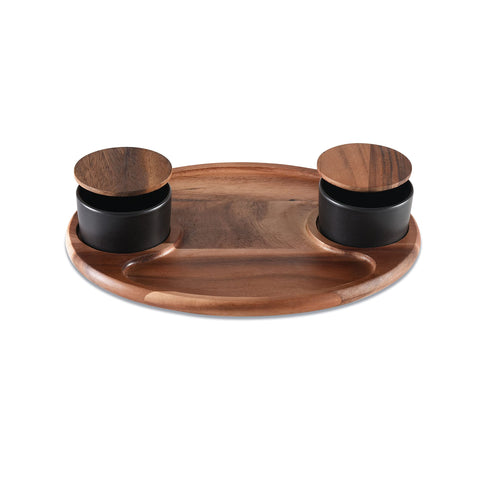 Charcuterie/ Serving Tray w/ 2 black ceramic bowls w/ lids