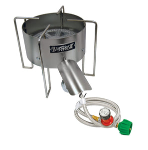 Bayou Classic SAB4 16-in Stainless Bayou Banjo Cooker Features 10-in Cast Iron Burner 16-in Cooking Surface 3/8-in Round Bar Welded Frame 30-psi Adjustable Regulator w/ 48-in Stainless Braided Hose