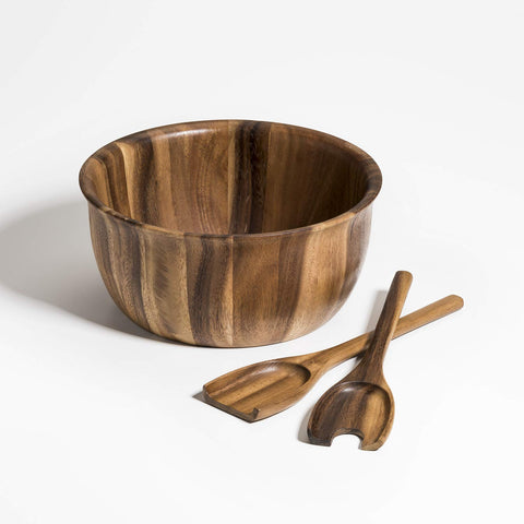 Large Acacia Wood Salad Bowl with Servers - 335B3 by Kalmar Home