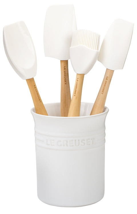 Le Creuset Silicone Craft Series Utensil Set with Stoneware Crock, 5 pc., White