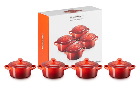 Le Creuset Stoneware Set of 4 Mini Cocottes with Cookbook, 8 oz. each, Cerise
