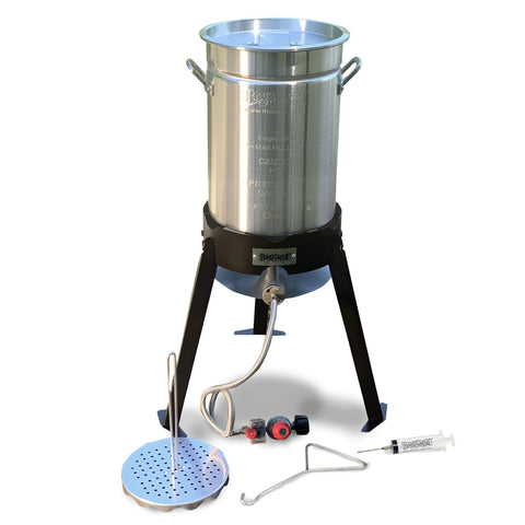 Bayou Classic 200-490 30-qt Aluminum Turkey Fryer Kit Features 30-qt Aluminum Stockpot w/Lid Lift Hook and Rack 1-oz Seasoning Injector 12-in Fry Thermometer 19-in Tall Steel Cooker w/ 4-in Burner