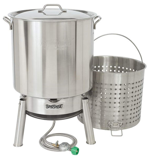 Bayou Classic KDS-182 Stainless Steel Boiler Cooker Kit Features 82-qt Stainless Boiler with Lid, Boil Basket with Helper Handle, Single Jet 106,000 BTU Burner, 10-psi Pre-Set Regulator and 60-in Hose