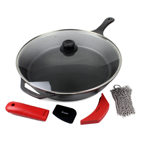 Crucible Cookware 15-Inch Cast Iron Skillet Set (Pre-Seasoned), Including Large & Assist Silicone Hot Handle Holders, Glass Lid, Cast Iron Cleaner Chainmail Scrubber, Scraper | Indoor & Outdoor Use