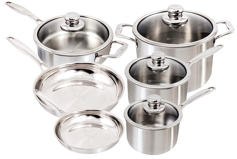 Swiss Diamond Premium Clad 5-Ply Stainless Steel 10 Piece Cookware Set with Satin Exterior Finish, Induction Compatible Stainless Steel Pots and Pans Set - Oven and Dishwasher Safe
