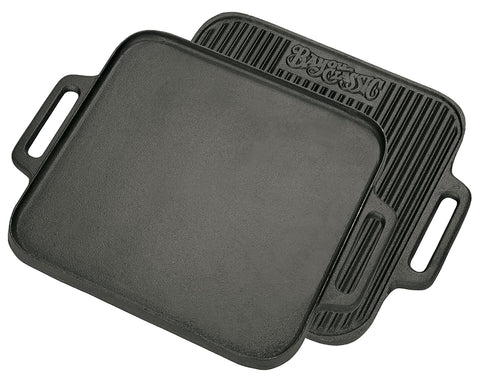 Bayou Classic 7442 14-in Cast Iron Reversible Square Griddle Features Flat Side and Ribbed Grill Side Perfect For Large Batch Breakfast Burgers and Grilled Sandwiches Steaks and Chicken