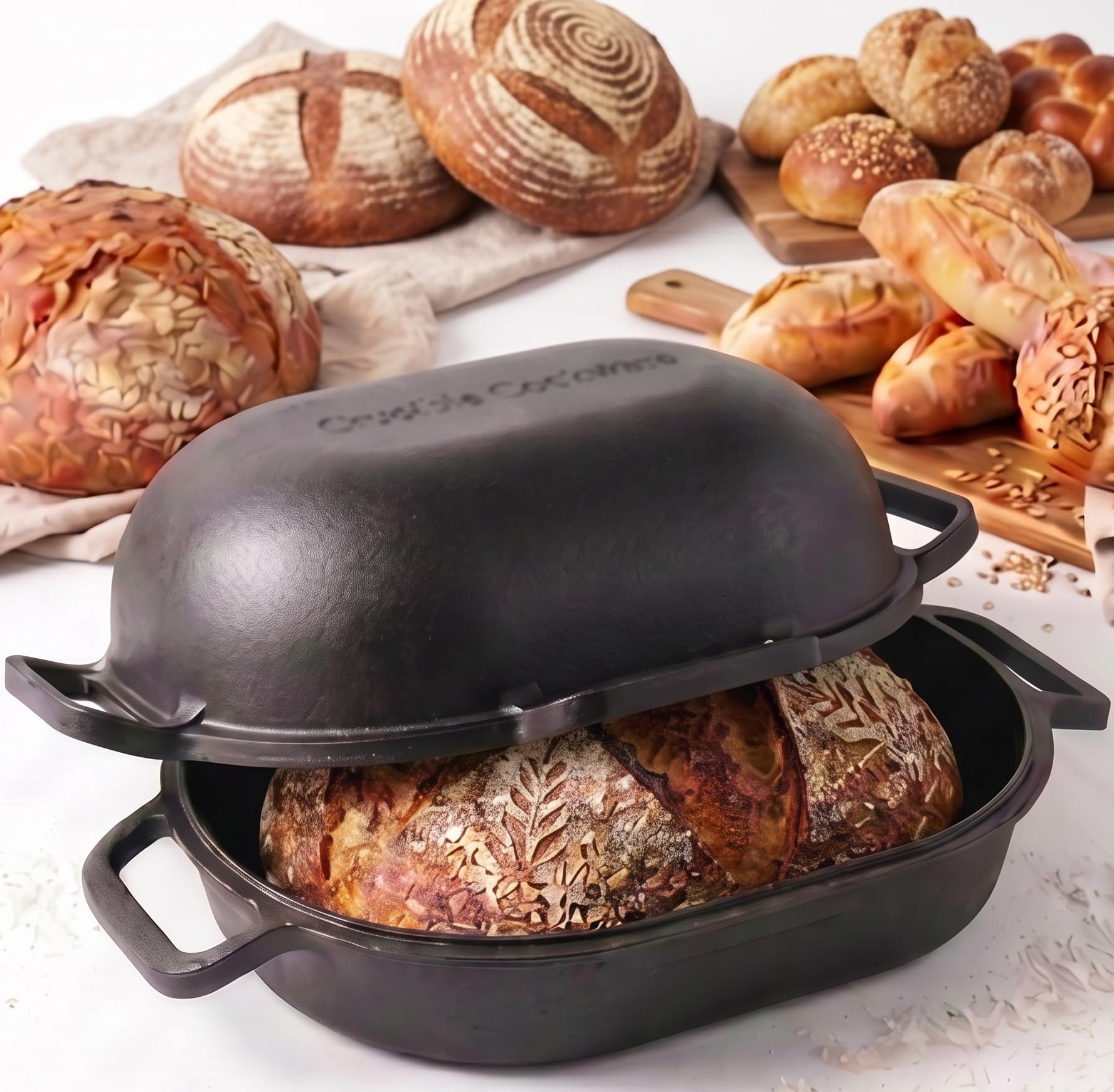 Crucible Cookware Extra Large Cast Iron Artisan Bread Pan 6 Loop Handles Deep Lid for Steam Baking - Sourdough Bread Oven, Covered Loaf Baker