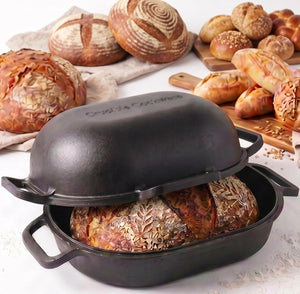 Crucible Cookware Extra Large Cast Iron Artisan Bread Pan 6 Loop Handles Deep Lid for Steam Baking - Sourdough Bread Oven, Covered Loaf Baker